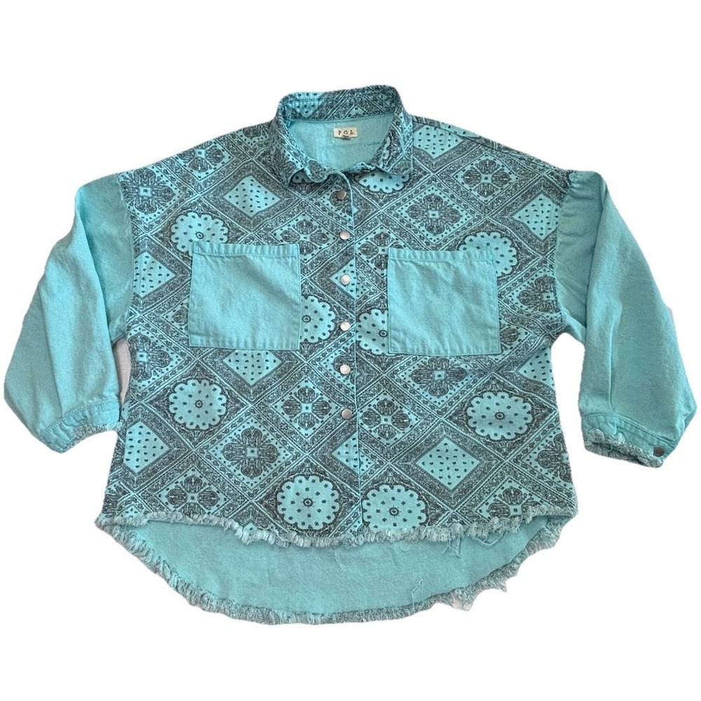 POL Women's Boho Bandana Print Button Shirt Raw Hem Cotton Top Medium
